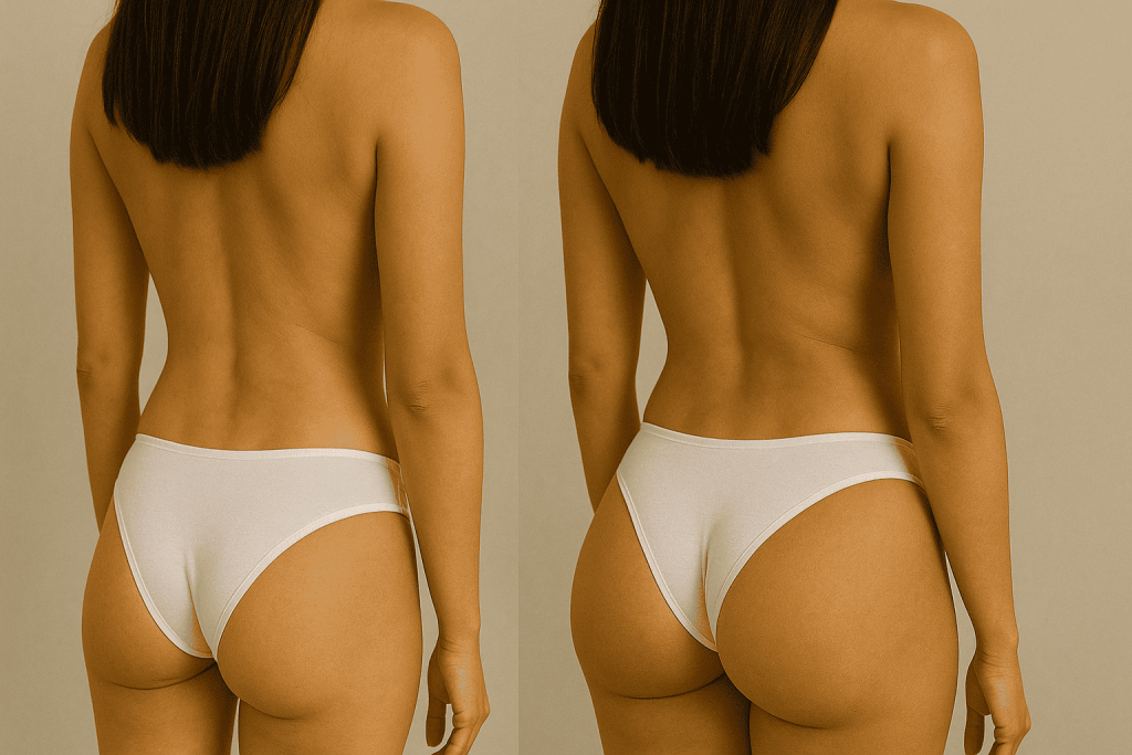 Risultato di un intervento di BBL in Turchia: vista posteriore prima e dopo che mostra l'aumento di volume dei glutei e il rimodellamento della silhouette