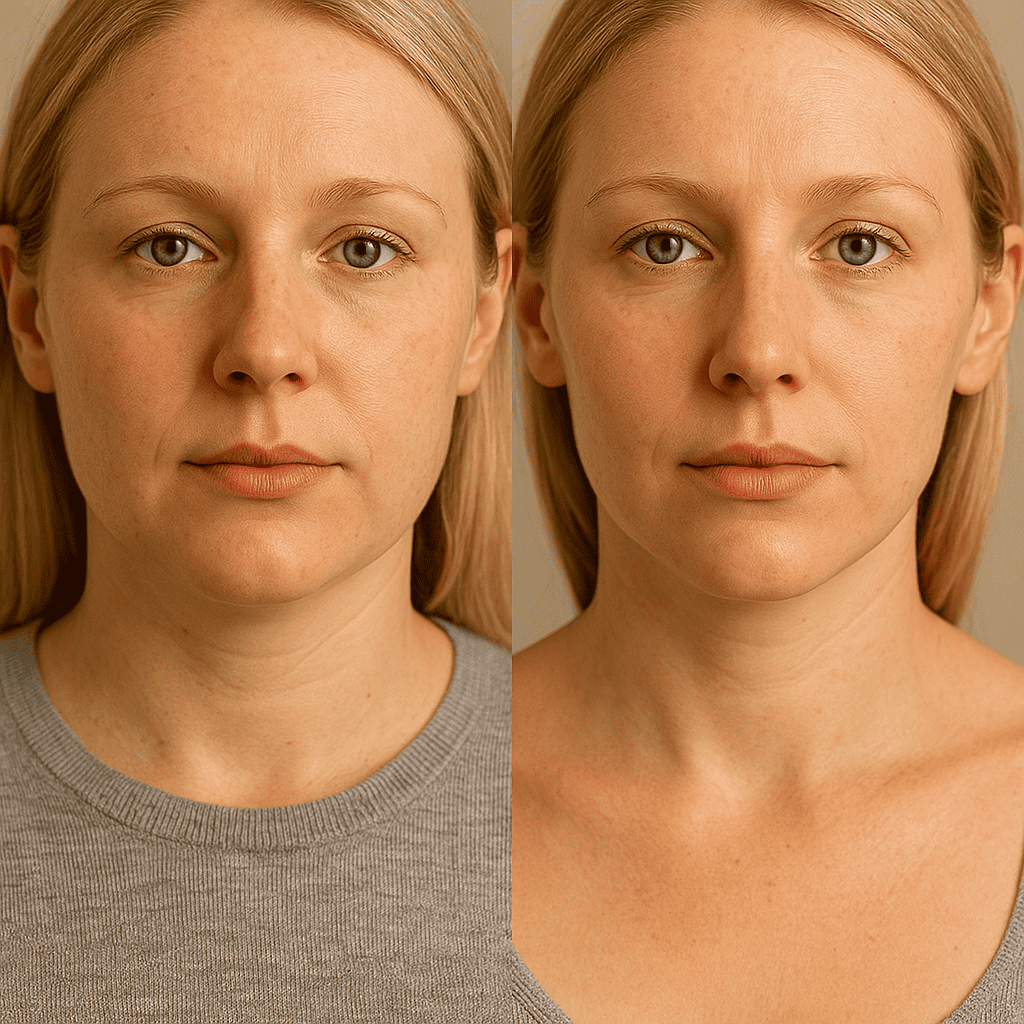 Résultat avant et après bichectomie chez une femme blonde vue de face