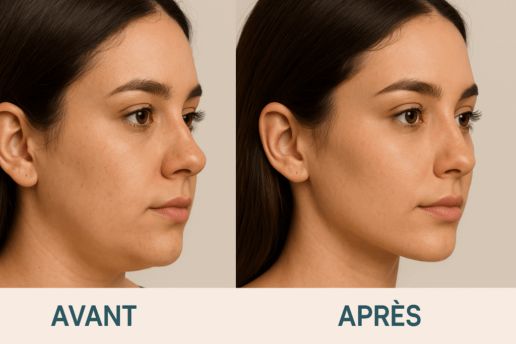 Résultat avant et après bichectomie chez une femme brune