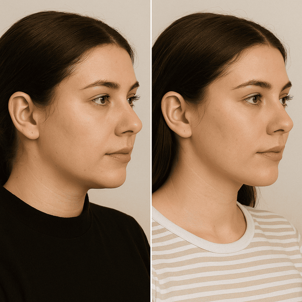 Résultat avant et après bichectomie femme brune 