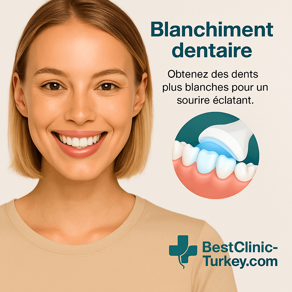 Femme souriante après un blanchiment dentaire en Turquie, dents blanches et éclatantes.