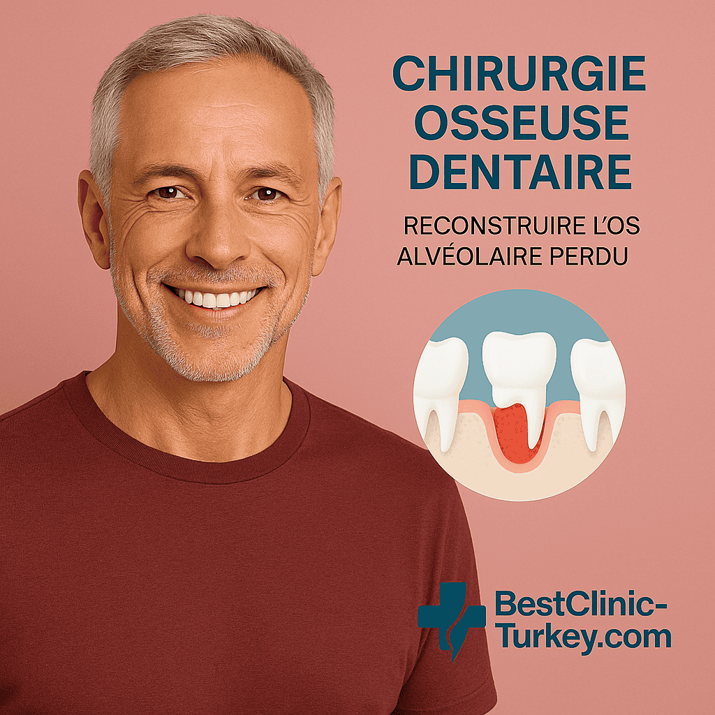Homme souriant après reconstruction osseuse dentaire alvéolaire, prix en turquie