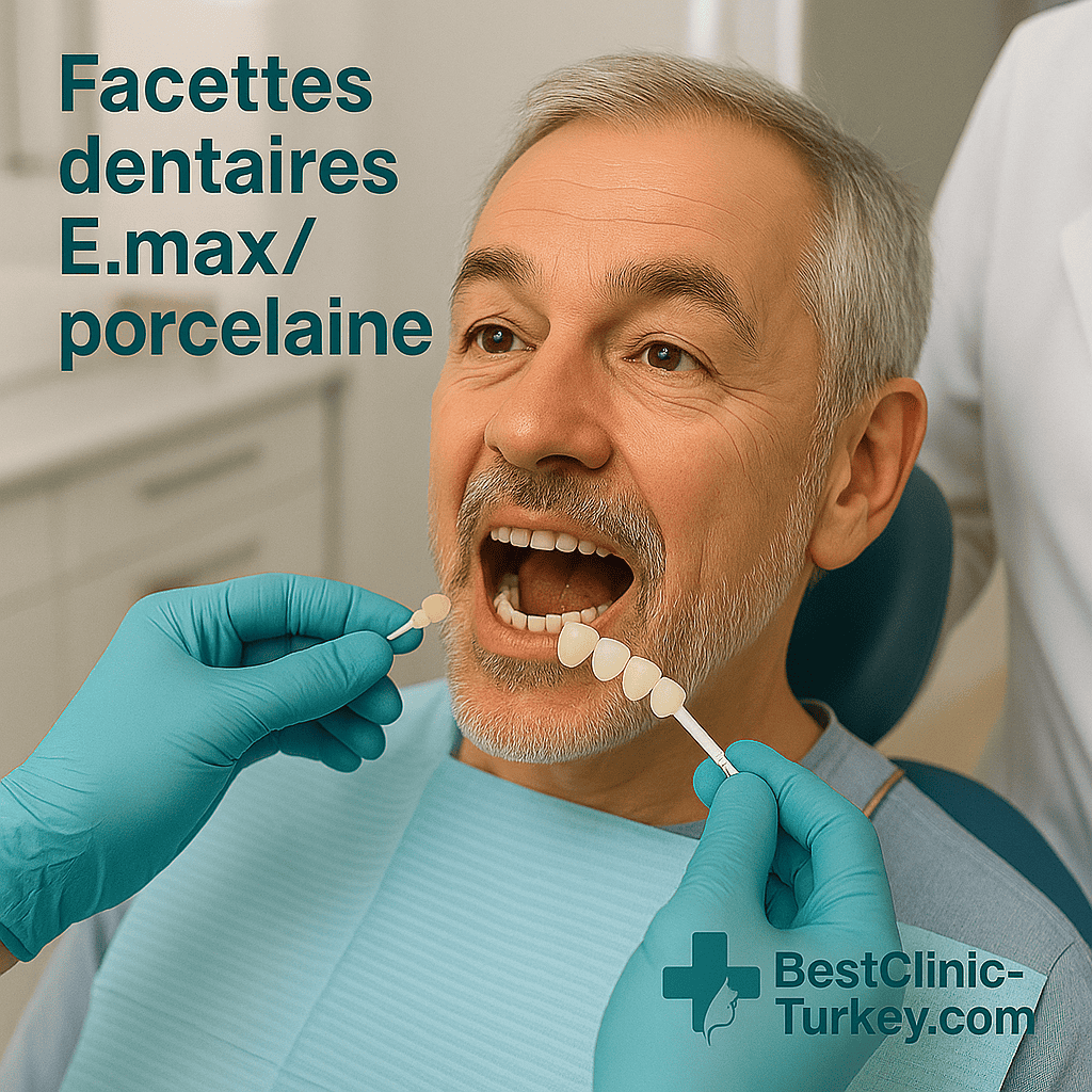 Homme en consultation dentaire pour la pose de facettes en porcelaine E-max
