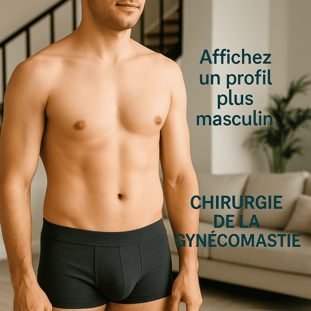 Gynecomastie – affichez un profil masculin Image promotionnelle chirurgie gynecomastie avec texte “Affichez un profil plus masculin”.