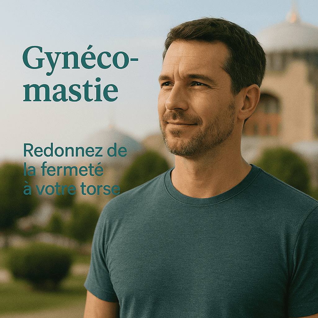 Gynecomastie – redonnez fermeté à votre torse Image promotionnelle chirurgie gynecomastie avec texte “Redonnez de la fermeté à votre torse”.
