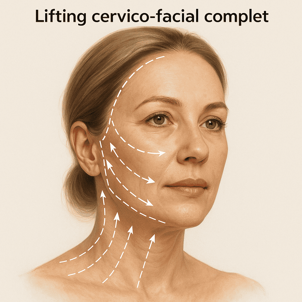 Lifting cervico-facial complet avec schéma des zones traitées