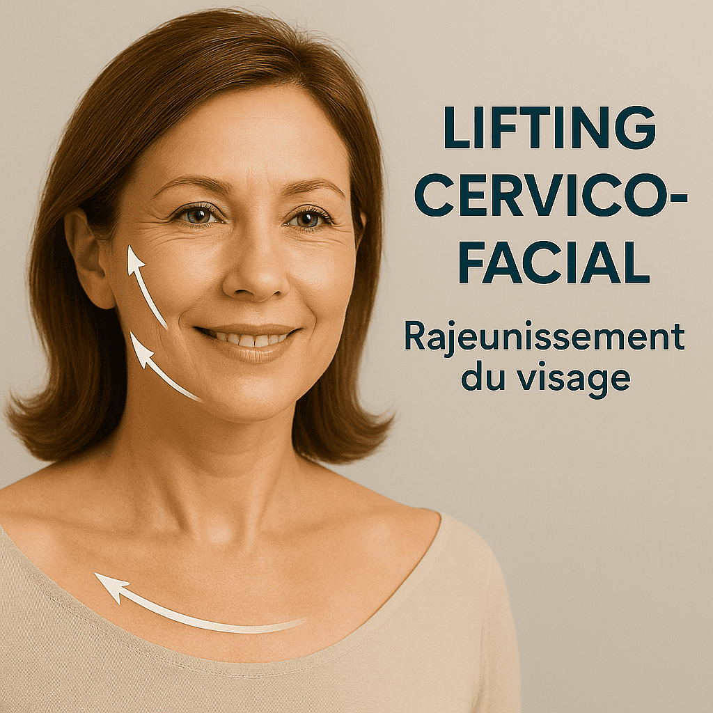 Visuel chirurgie lifting cervico-facial avec texte “rajeunissement du visage”.