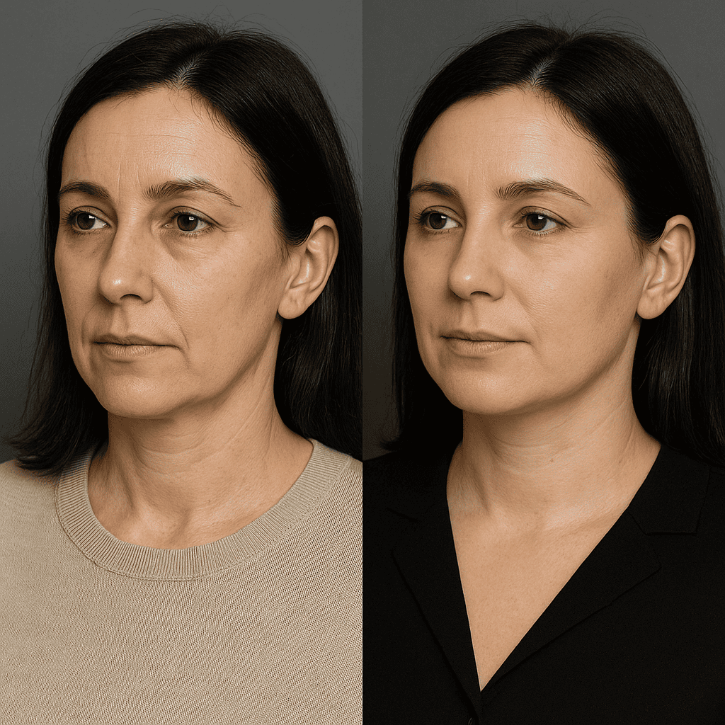 lipofilling visage avant après – injection de graisse autologue pour un visage rajeuni, soulignant le remplissage naturel et la chirurgie esthétique