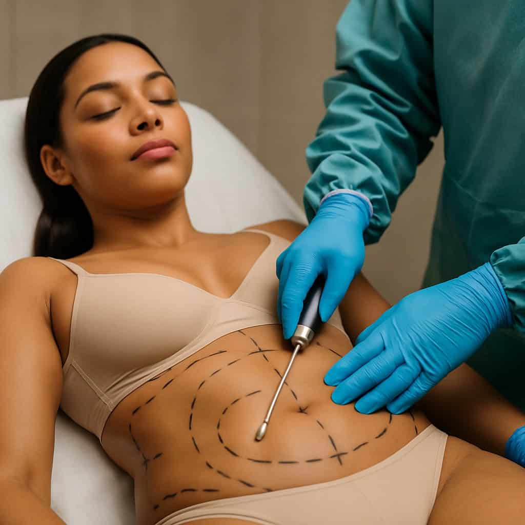Liposuccion : Technique, Résultats, Prix et Récupération | Clinique Spécialisée Patiente allongée avec marquage chirurgical sur l’abdomen avant liposuccion