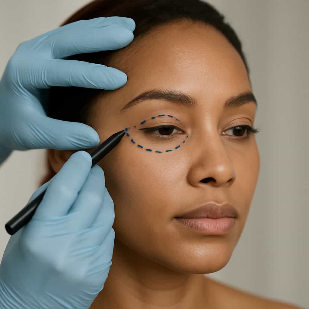 Préparation avant une chirurgie esthétique des paupières sur une femme noire avec des marques sous les yeux