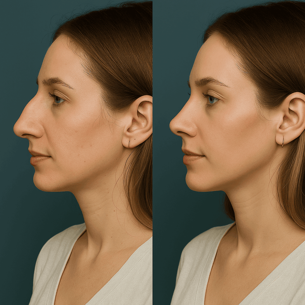 Risultati rinoplastica prima e dopo: correzione del gibbo nasale e della punta su profilo femminile