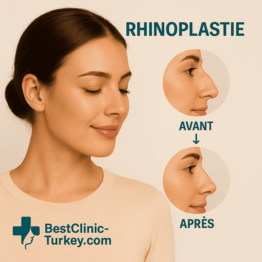 Résultat avant et après rhinoplastie sur le profil d’une femme