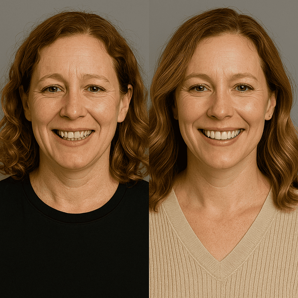Transformation du sourire par DSD sur femme aux cheveux châtains
