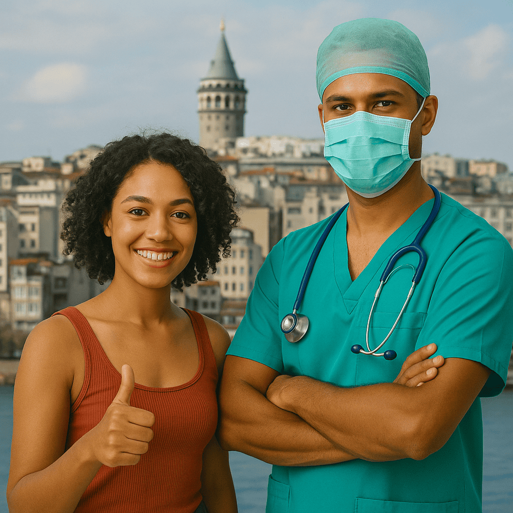 Patiente afro-européenne souriante et chirurgien à Istanbul illustrant le tourisme médical en Turquie