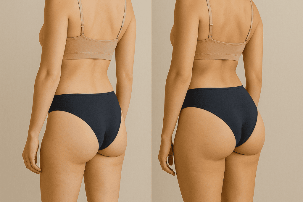 Risultato di un intervento di BBL in Turchia: vista posteriore prima e dopo che mostra il modellamento dei glutei e la riduzione delle asimmetrie