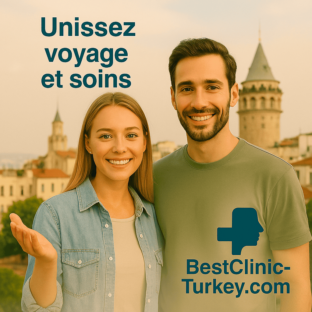 Couple souriant devant la tour de Galata avec le texte “Unissez voyage et soins” – BestClinic-Turkey