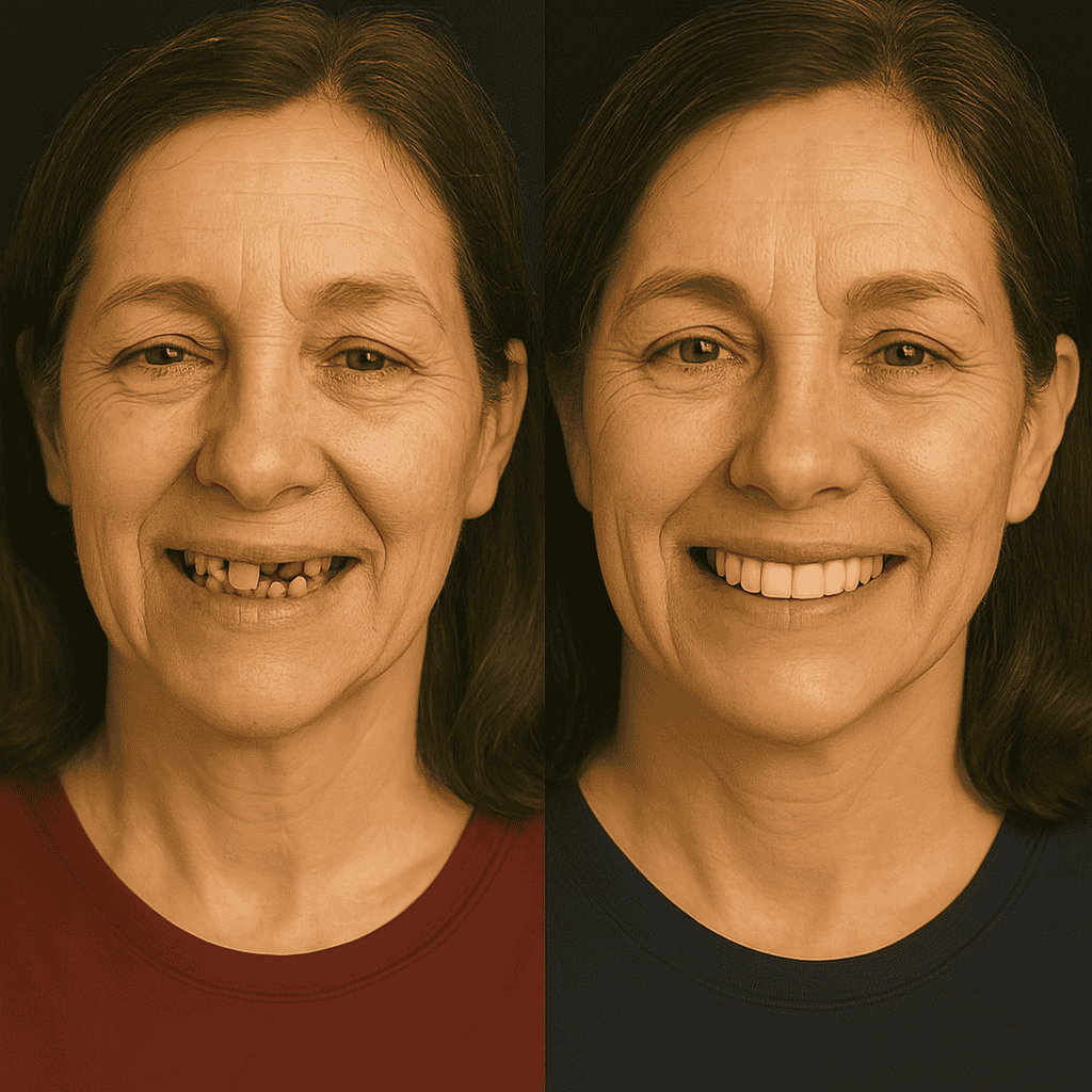 Avant et après traitement All-on-Four chez une femme montrant la restauration complète du sourire avec des dents harmonieuses et naturelles
