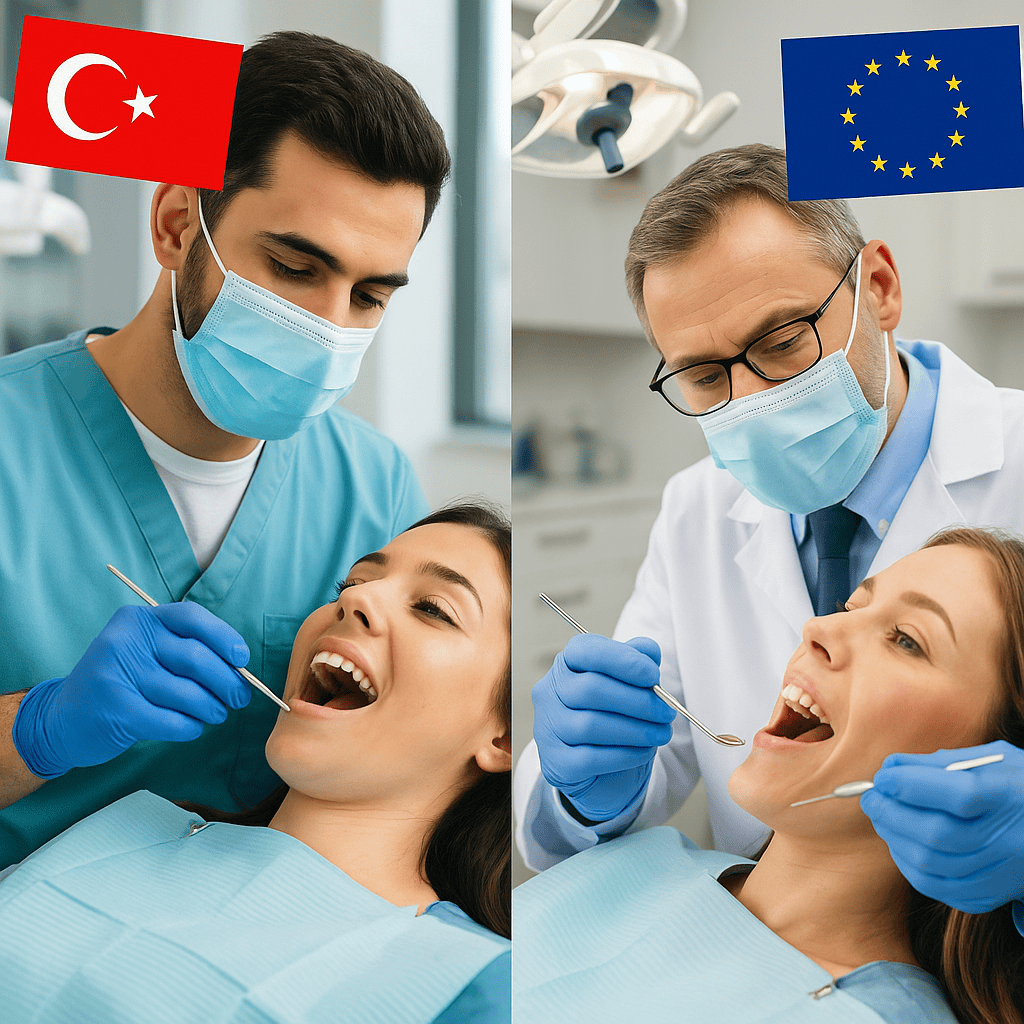 Souffleur dentaire avec un médecin européen effectuant un soin dentaire, clinique dentaire en Turquie, traitement dentaire en Europe, soins dentaires modernes, sourire blanc éclatant.