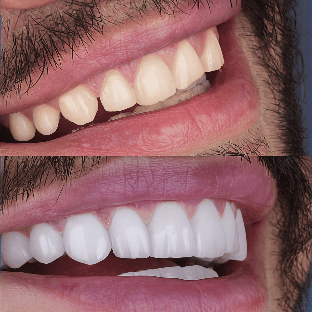 Confronto prima e dopo faccette dentali su paziente uomo per un sorriso bianco e naturale