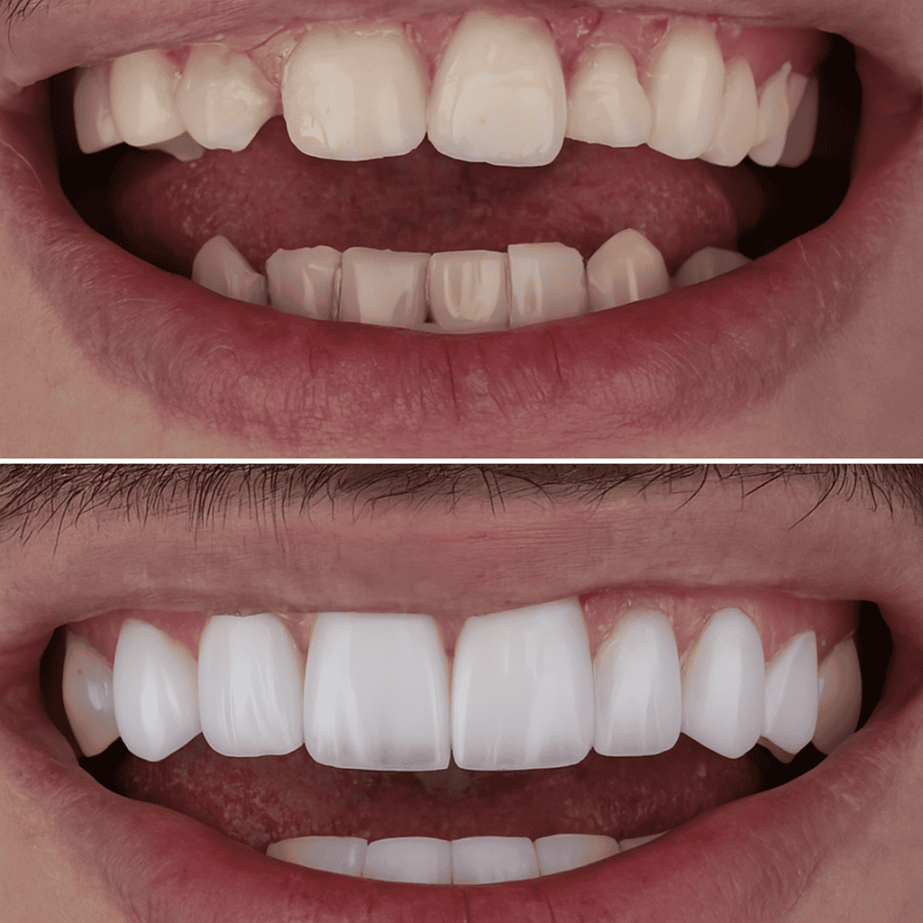 Chiusura diastema e correzione allineamento dentale con faccette in ceramica prima e dopo