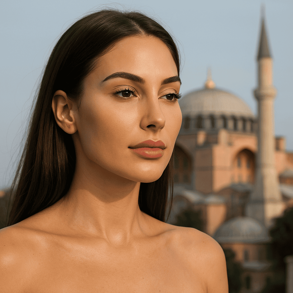 Ritratto di una donna davanti alla Moschea di Santa Sofia a Istanbul, rappresentante la bellezza e il turismo estetico in Turchia