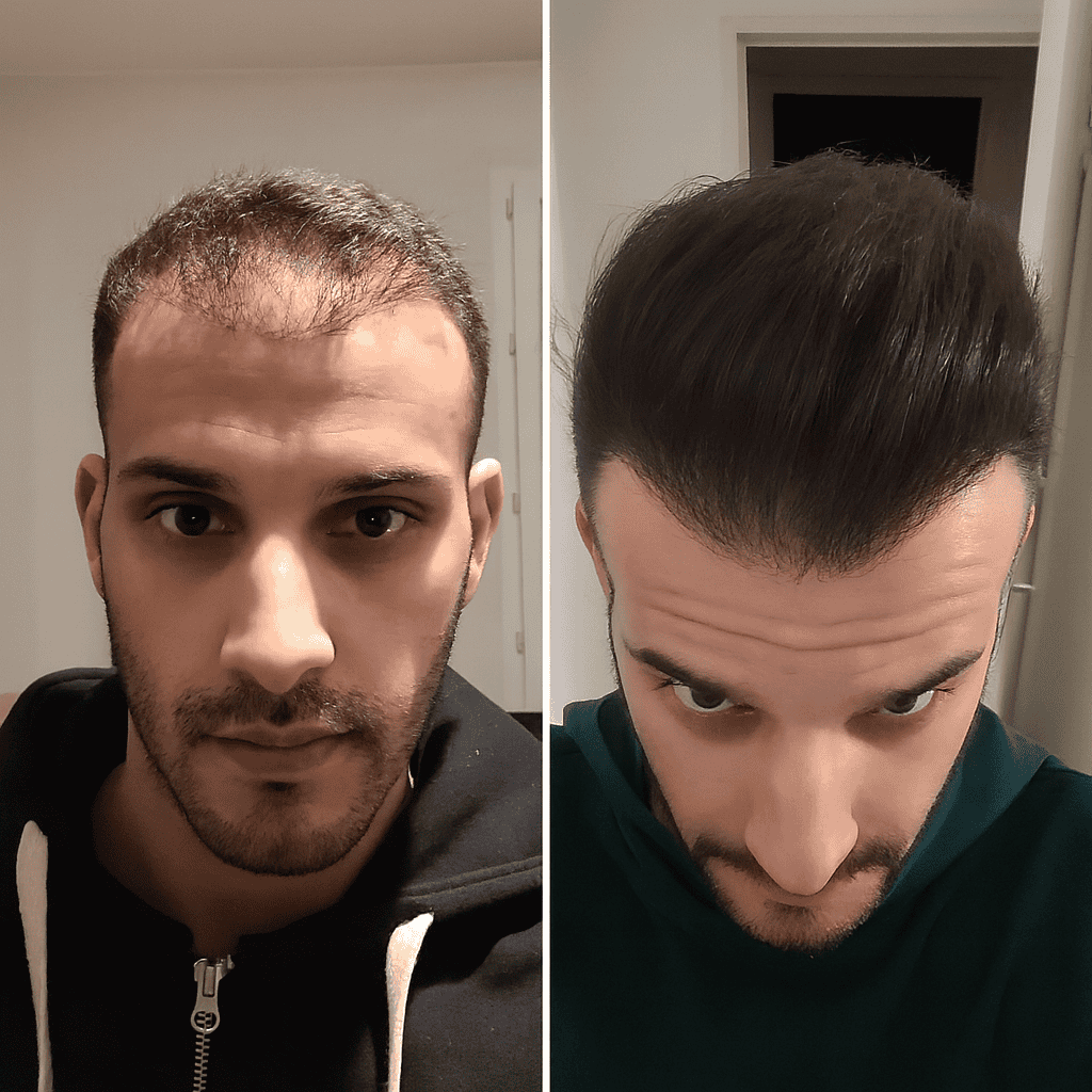 Prima e dopo trapianto di capelli in Turchia, confronto attaccatura uomo, risultati FUE DHI, aumento densità capelli, clinica specializzata a Istanbul, soluzioni capillari affidabili