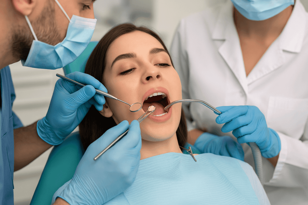 Dentiste portant des gants chirurgicaux effectuant une greffe osseuse dentaire sur une patiente dans une clinique moderne