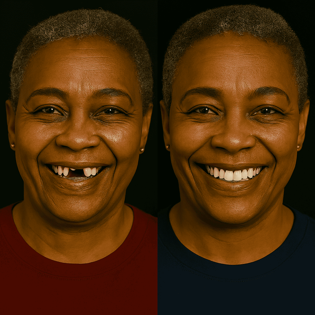 Avant et après pose d’implants dentaires All-on-Four montrant une femme retrouvant un sourire complet et naturel