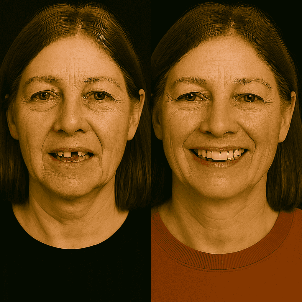 Trasformazione sorriso con impianti dentali: prima e dopo di una donna senior per riabilitazione arcata.