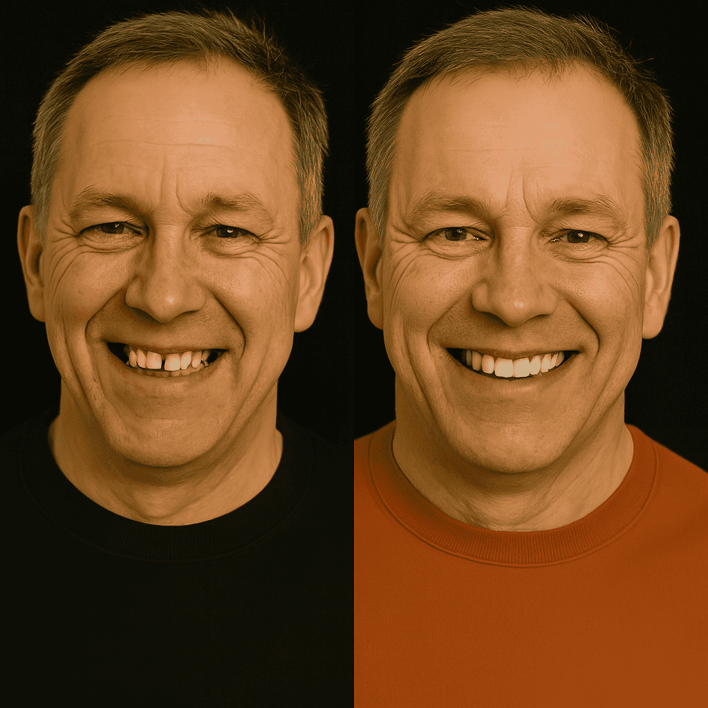 Risultato estetico impianti dentali Turchia: confronto prima e dopo di un paziente uomo con denti fissi.