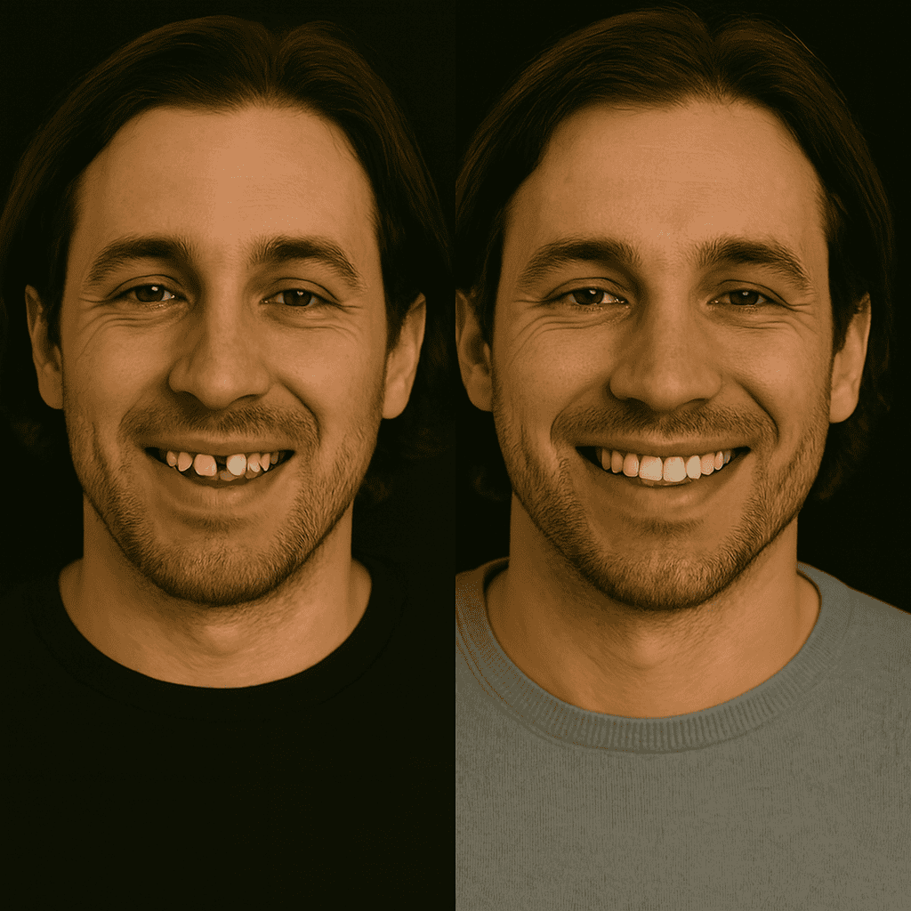 Prima e dopo impianti dentali: uomo giovane con denti mancanti e risultato finale con sorriso perfetto.