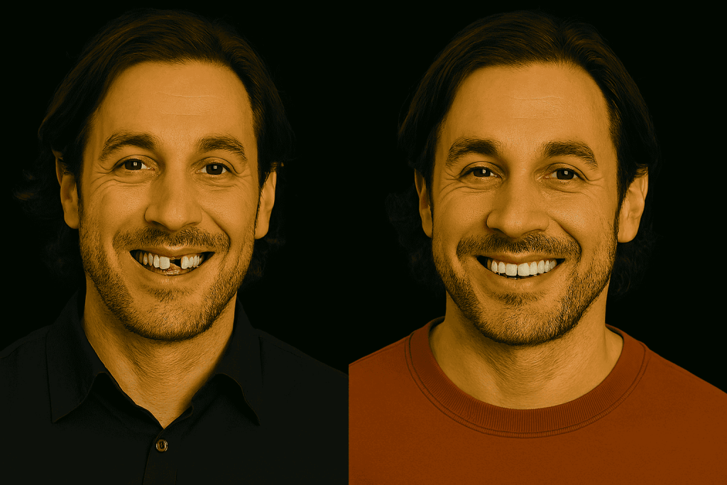 Risultato estetico di un intervento di implantologia dentale professionale prima e dopo il posizionamento delle corone.