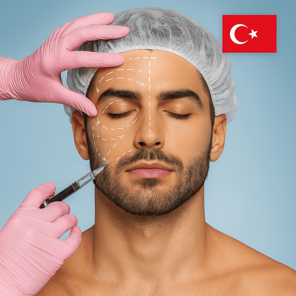 Homme recevant une injection esthétique au visage avec tracés préopératoires et drapeau turc