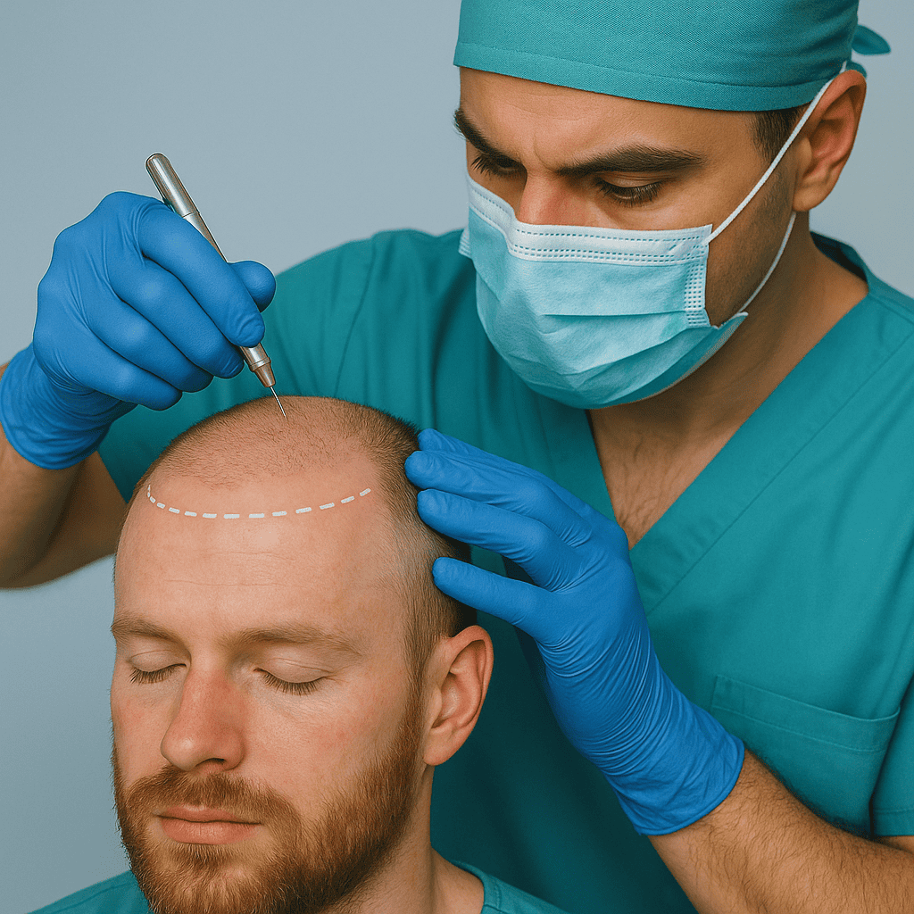 Chirurgien réalisant une greffe de cheveux sur un patient dans un bloc opératoire