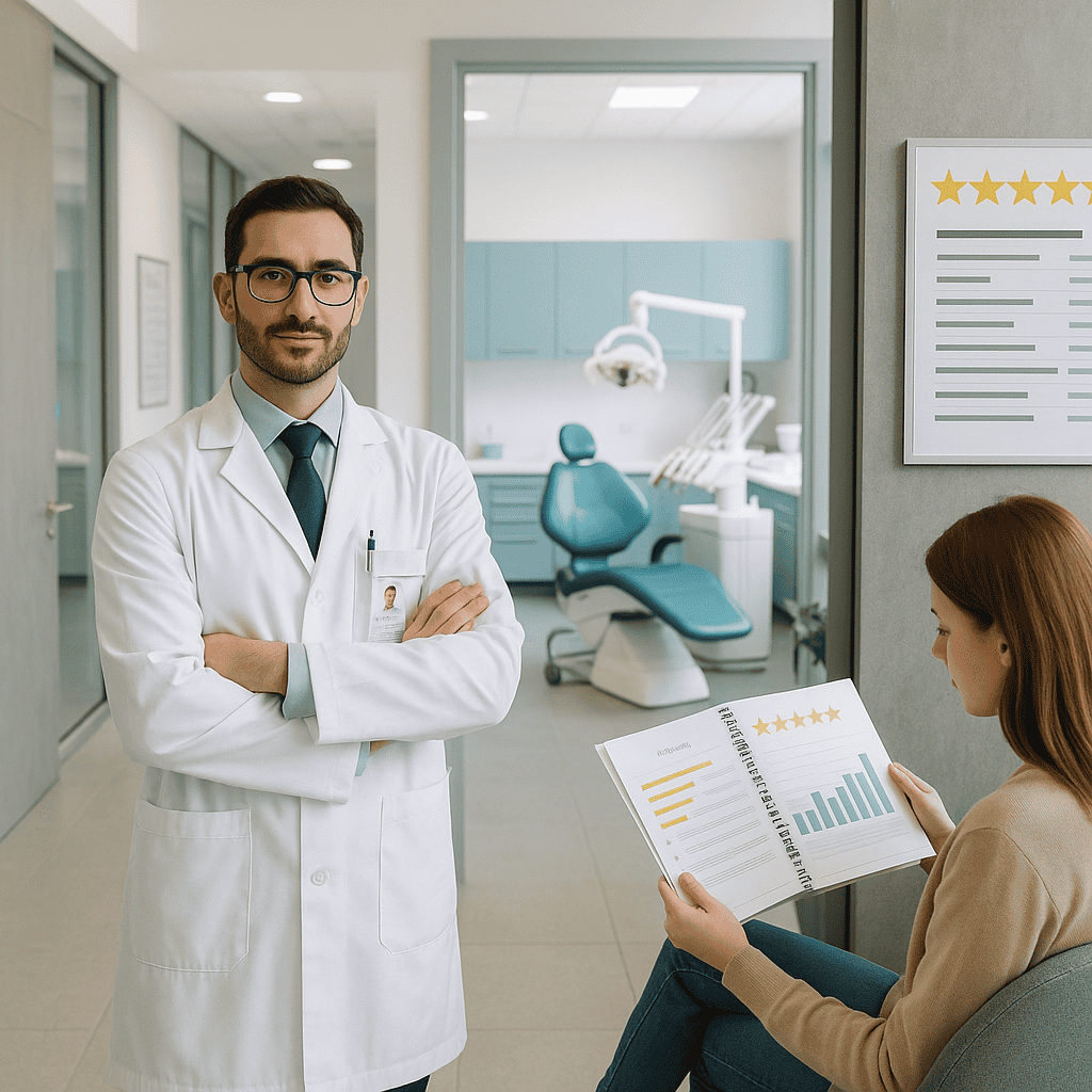 Dentista esperto mostra un piano di trattamento personalizzato in una clinica certificata