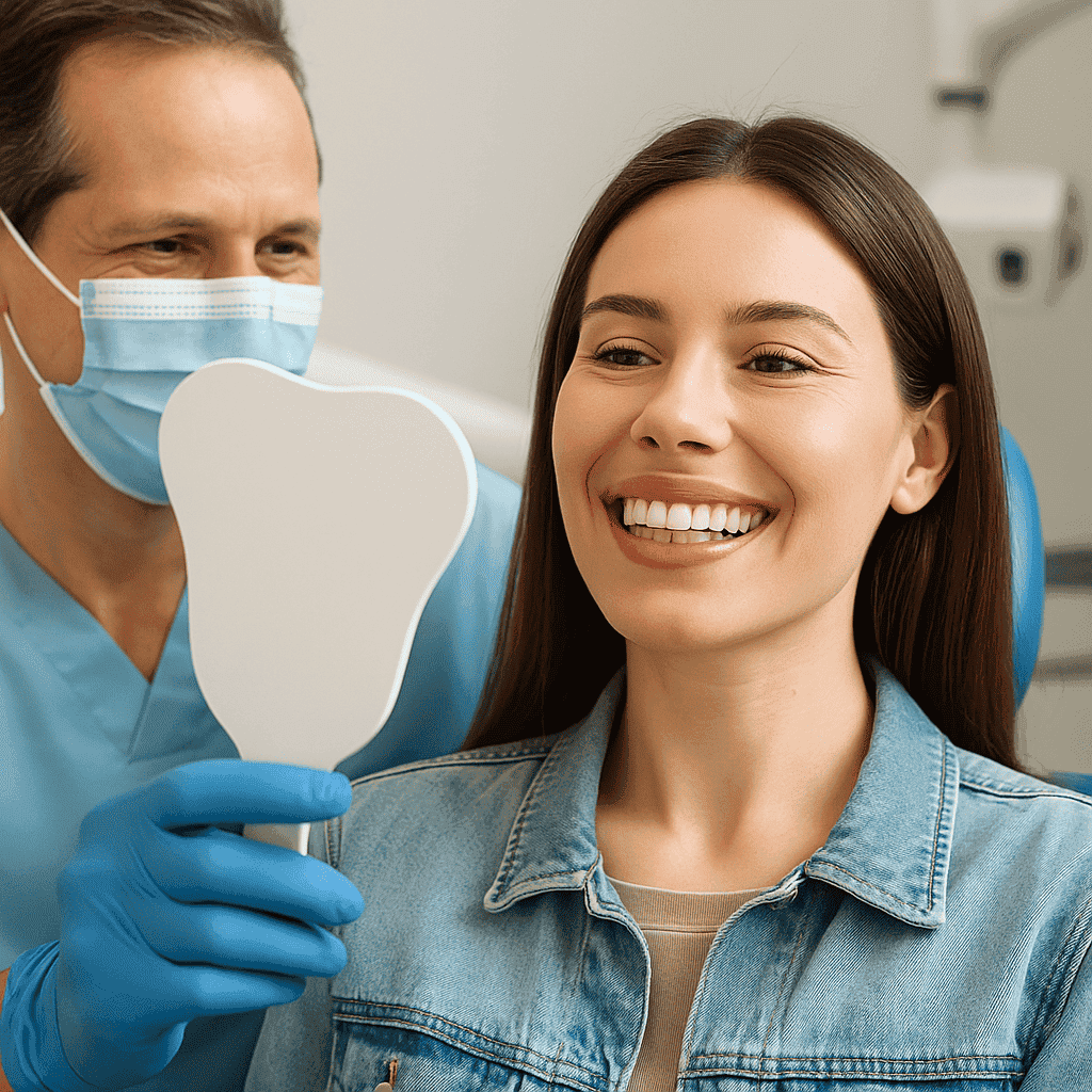 Paziente osserva allo specchio il suo nuovo sorriso bianco dopo una seduta di sbiancamento professionale