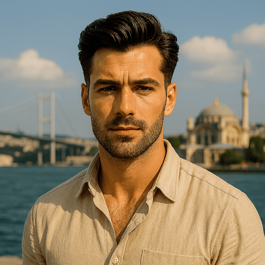 Homme devant le Bosphore et une mosquée à Istanbul