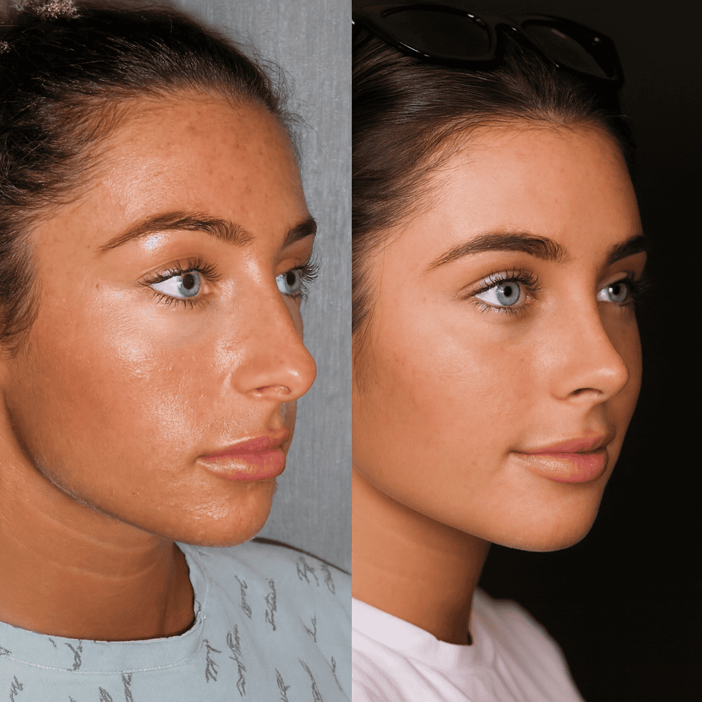 Avant et après rhinoplastie chez une femme montrant un profil plus harmonieux et un nez affiné tout en conservant un résultat naturel