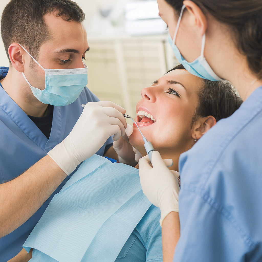 Dentista professionista che esegue un controllo odontoiatrico su una paziente, simbolo di trasparenza e qualità delle cure dentali in Turchia