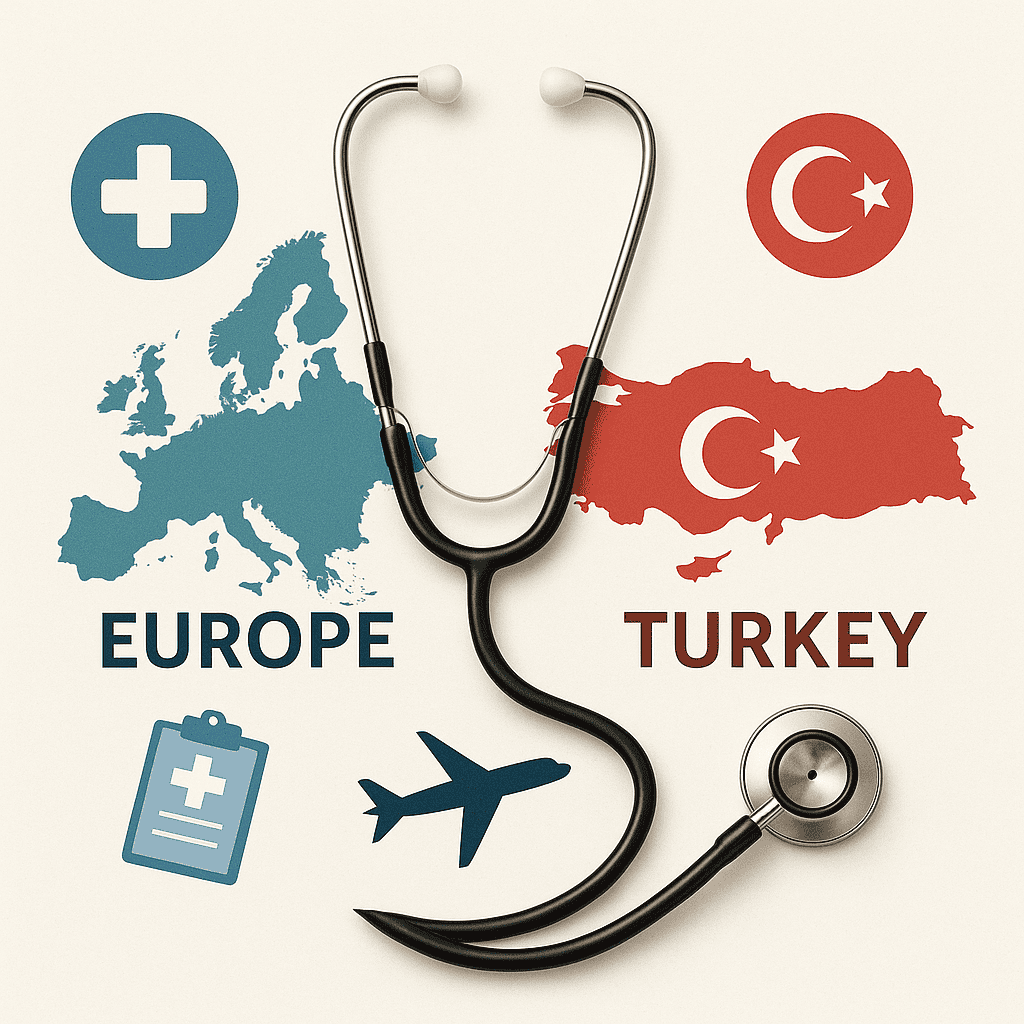 Tensiomètre et stéthoscope entre l'Europe et la Turquie, illustration médicale pour la santé internationale.