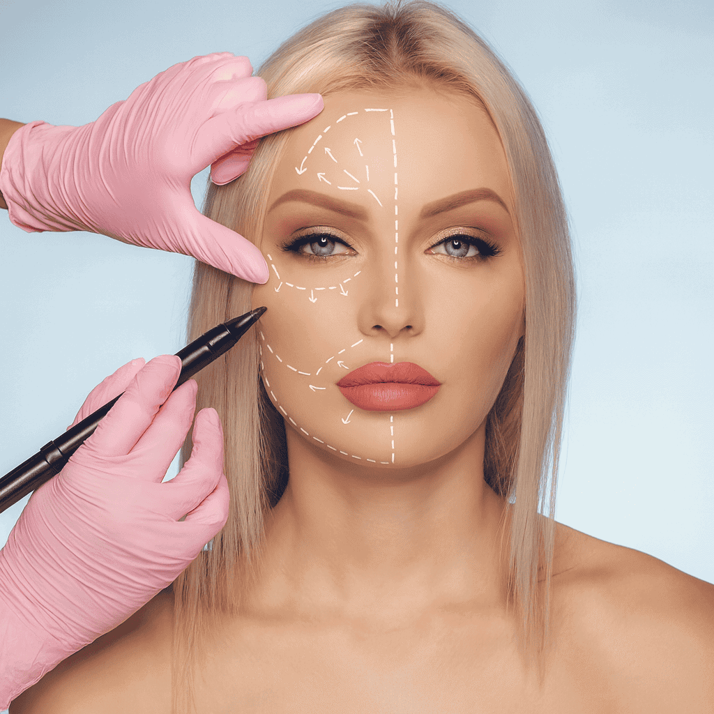 Femme préparée pour une chirurgie esthétique du visage, avec des marques de guidage tracées par un chirurgien