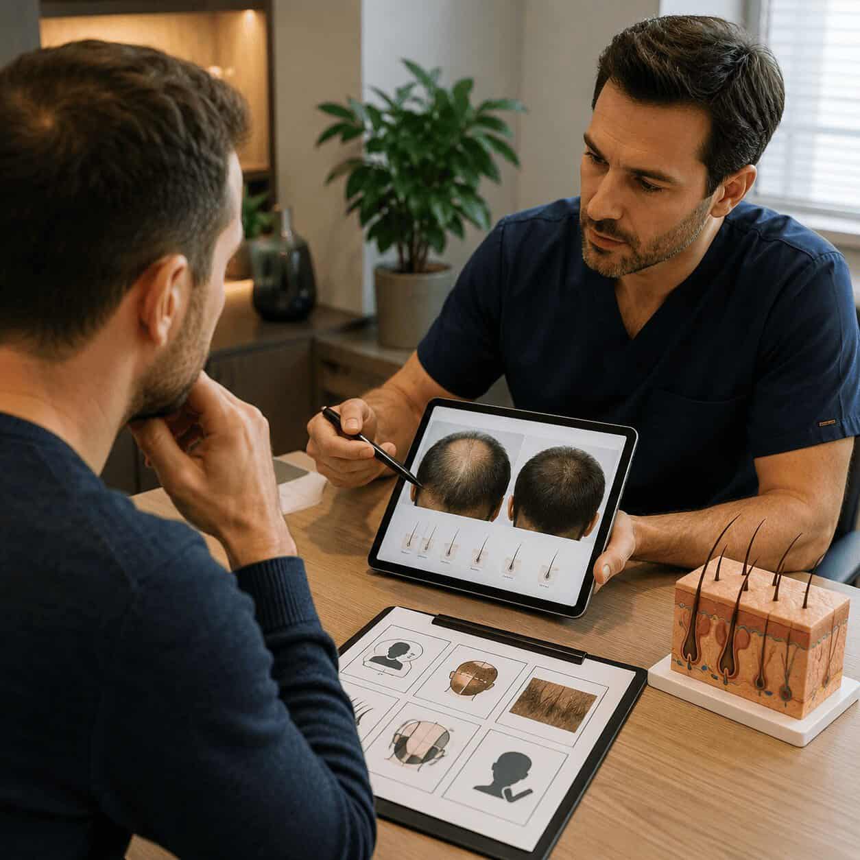 Calvitie terminale stade VII – options de greffe et accompagnement par un spécialiste Chirurgien analysant la zone donneuse et l'évolution de la calvitie lors d'une consultation avant une greffe de cheveux.