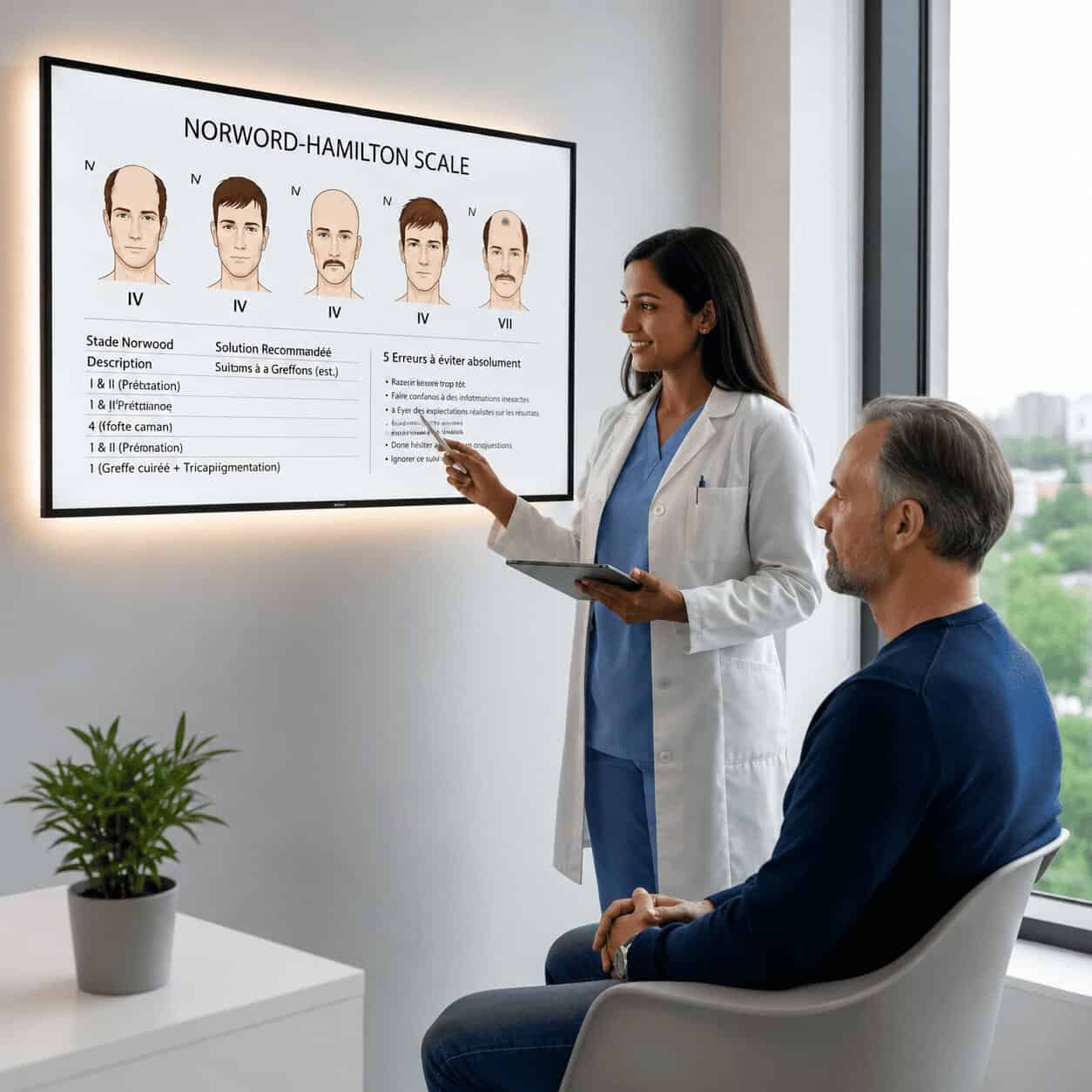 Échelle de Norwood-Hamilton – explication des stades de calvitie et options de traitement Spécialiste expliquant les différents stades de l'échelle de Norwood à un patient avant une greffe de cheveux.