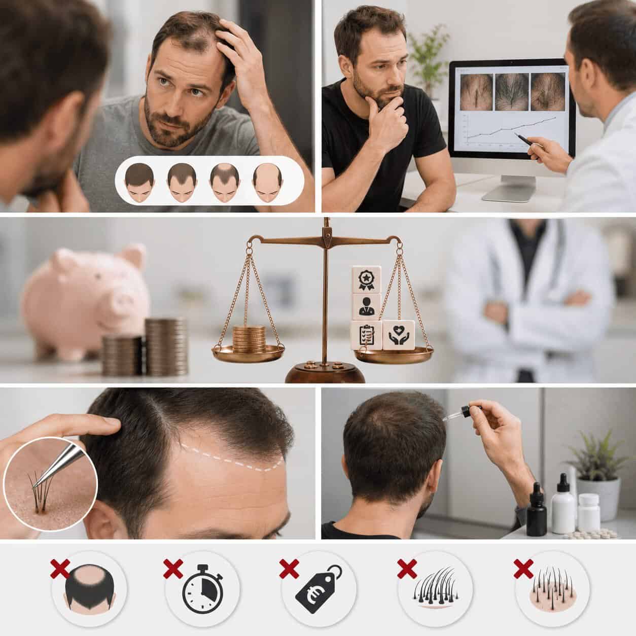 Calvitie terminale stade VII – options de greffe et accompagnement par un spécialiste Illustration des principales erreurs à éviter avant une greffe de cheveux : mauvais timing, choix de la clinique, coût, traitements et attentes irréalistes.