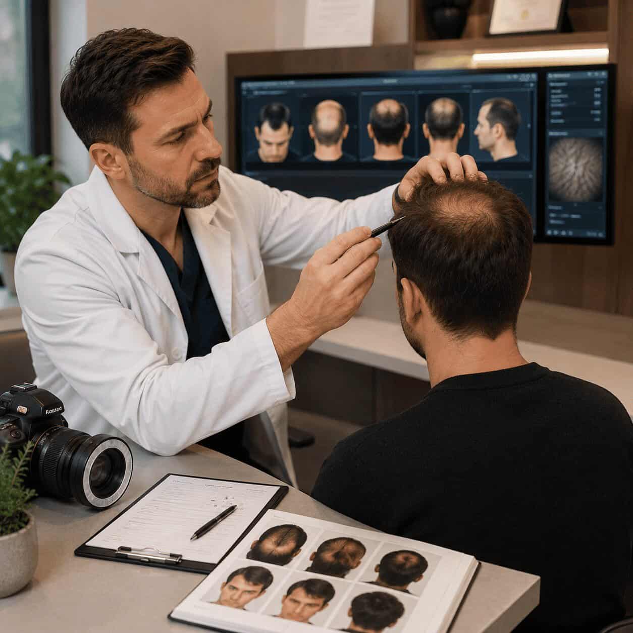 Calvitie terminale stade VII – options de greffe et accompagnement par un spécialiste Chirurgien réalisant l'évaluation de la zone donneuse et de la calvitie avant une greffe de cheveux.