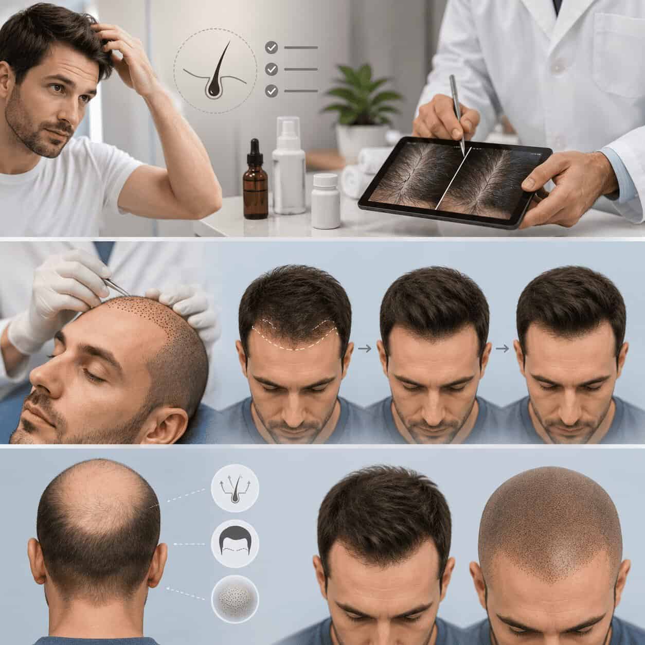Calvitie terminale stade VII – options de greffe et accompagnement par un spécialiste Illustration des différentes solutions contre la calvitie, des traitements médicaux à la greffe de cheveux avec évolution des résultats.