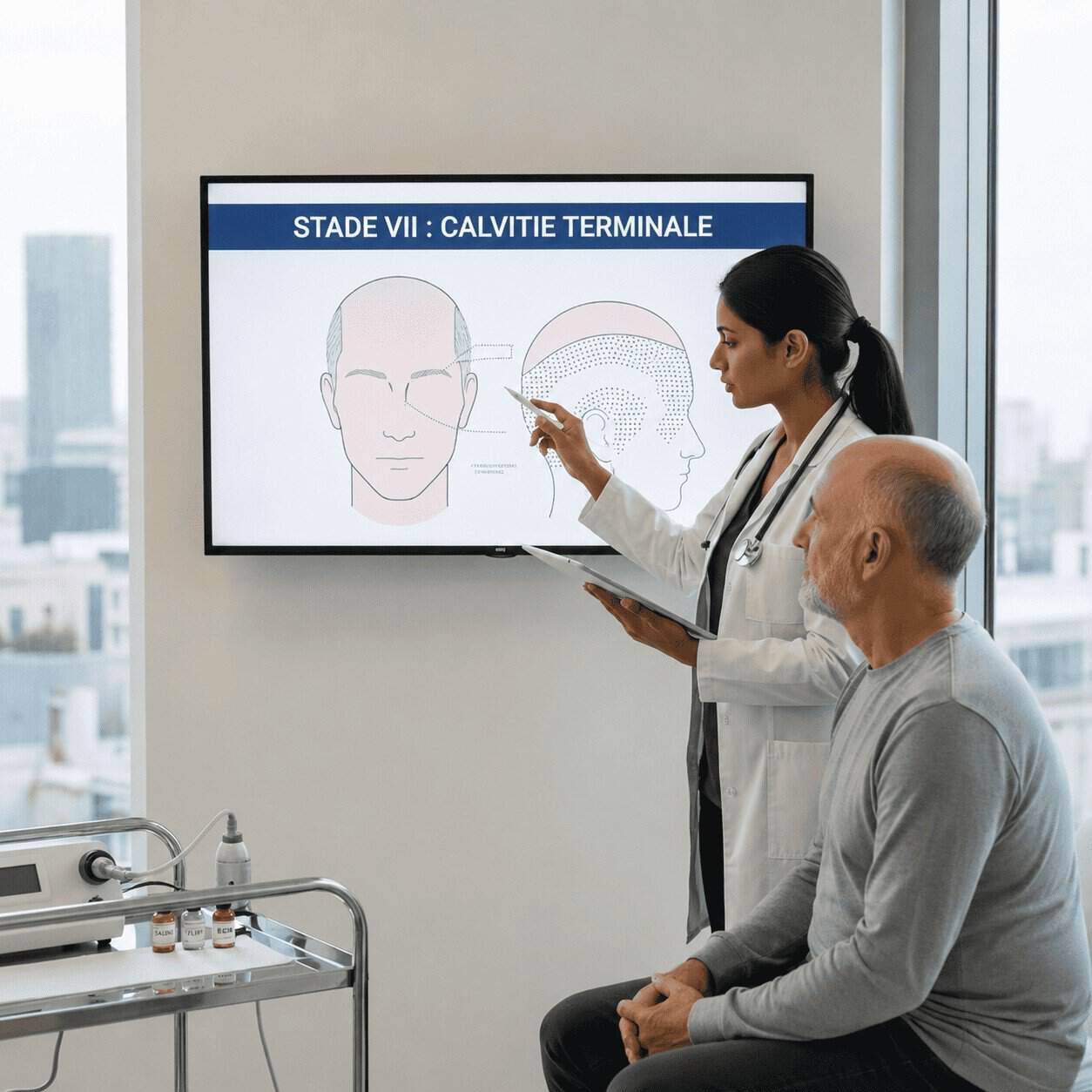 Calvitie terminale stade VII – options de greffe et accompagnement par un spécialiste Consultation médicale présentant les solutions envisageables pour une calvitie au stade VII selon l'échelle de Norwood.