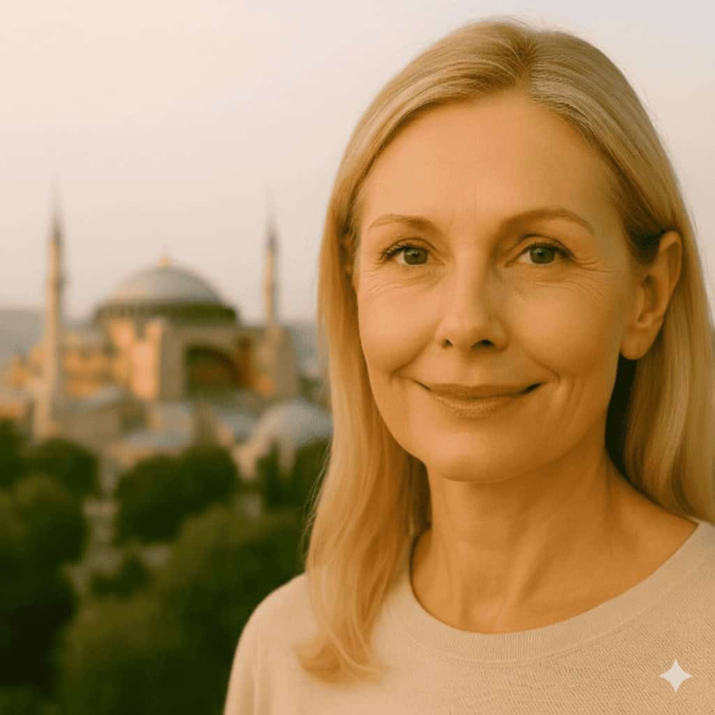 Donna bionda sorridente davanti alla Moschea Blu di Istanbul per chirurgia estetica palpebre