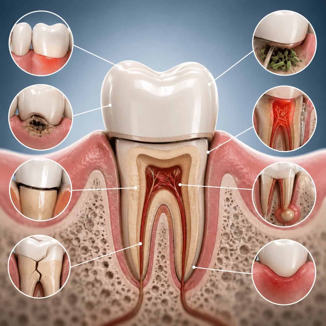 Schema che illustra le principali cause del dolore sotto una corona dentale