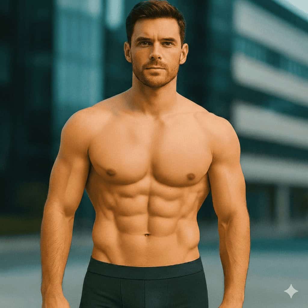 Uomo sportivo che mostra il risultato finale di un intervento di six pack surgery per la definizione dei muscoli addominali.